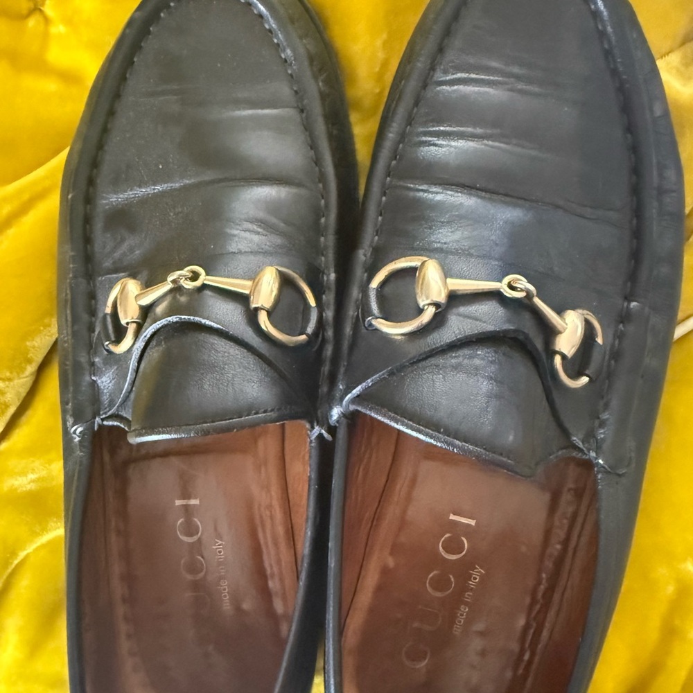 Gucci Black Leather Loafers with Gold Horsebit women’s size 10